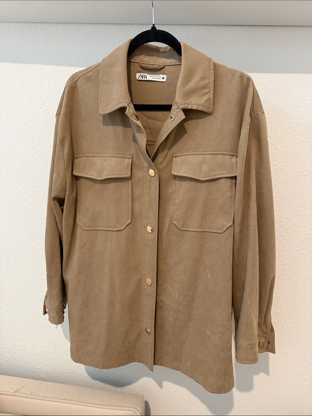 Zara Beige Utility Shirt Faux Suede Jacket with Front Pockets